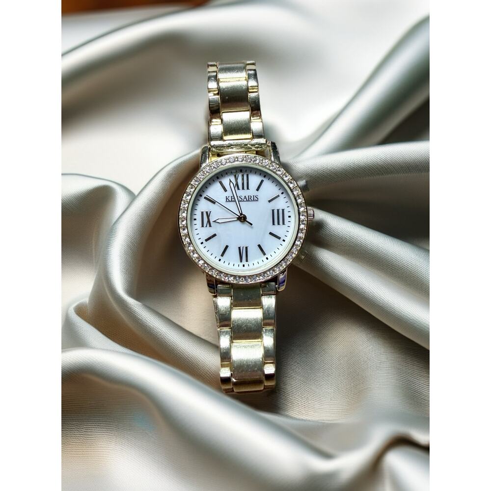 Kessaris Gold Tone Watch + Pink Gemstone Bracelet Set New Battery | Gift Bundle